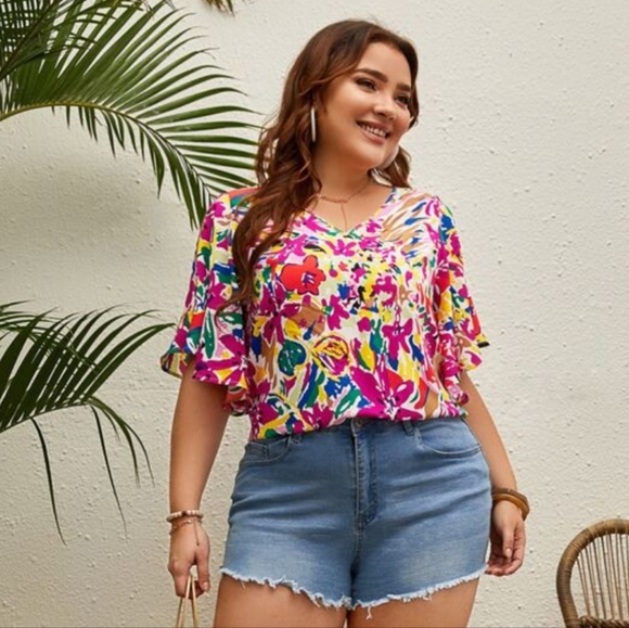 NWOT Floral V-Neck & Flounce Butterfly Sleeve Blouse by Shein VCAY - Picture 6 of 15